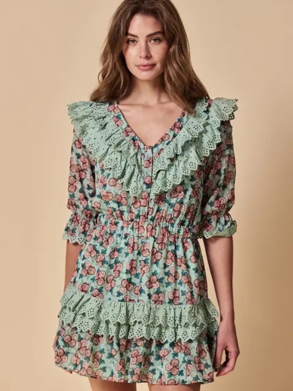 The Shirt Rochelle Behrens Nicky Aqua Floral Eyelet Ruffle Mini Dress XS Spring